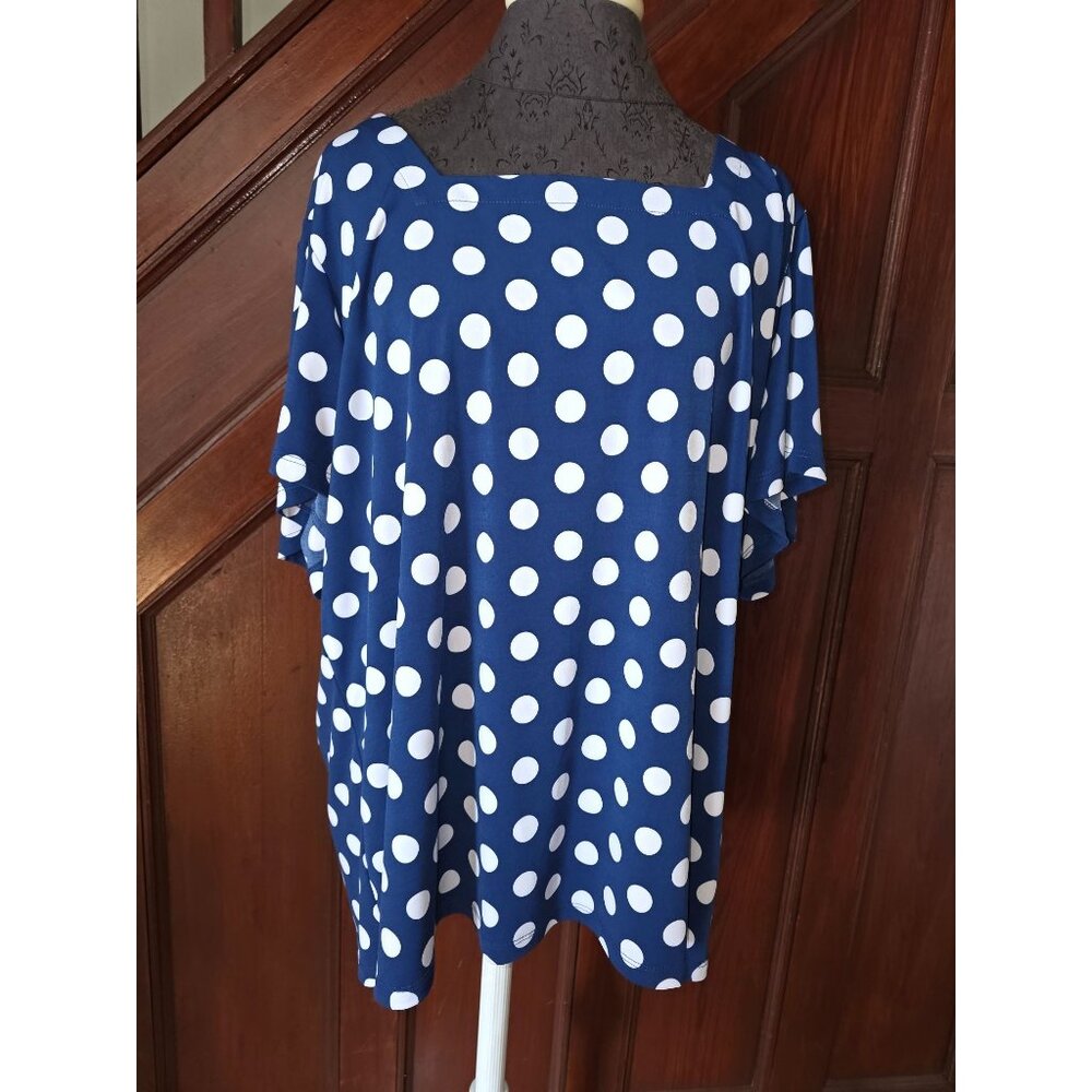 Susan Graver Polka Dot Short Sleeve Top Womens Blouse 2X Navy & White